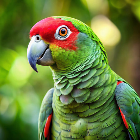 beautiful red and green macaw parrot on green nature backgroundの写真素材