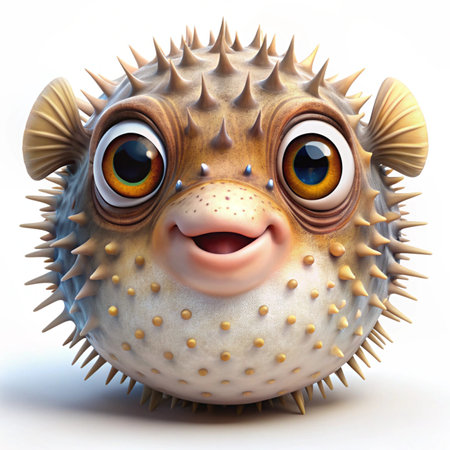 Cartoon pufferfish with funny expression on white background - 3D illustrationの写真素材