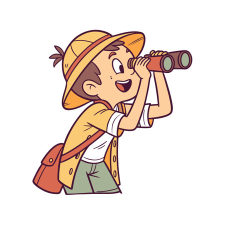 Cartoon Explorer Boy with Binoculars on a Safariのイラスト素材