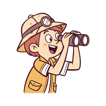Cartoon explorer boy looking through binoculars with adventure hatのイラスト素材