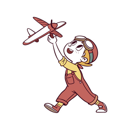 Cartoon aviator kid playing with a toy airplaneのイラスト素材