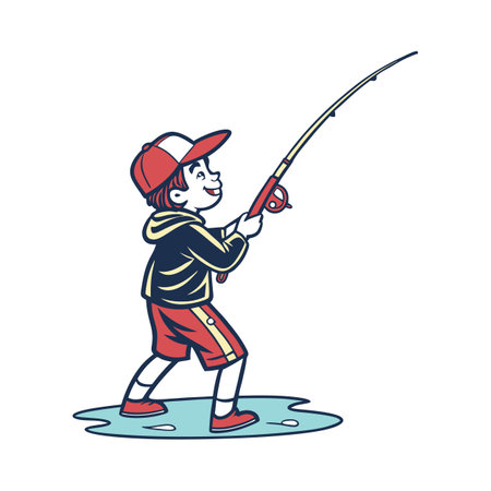 Cartoon Boy Fishing with Rod and Wearing Capのイラスト素材