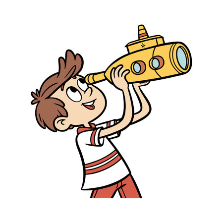 Boy Looking Through Toy Submarine, Imagination and Playのイラスト素材