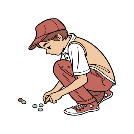 Boy playing marbles, cartoon illustration, vintage style gameのイラスト素材