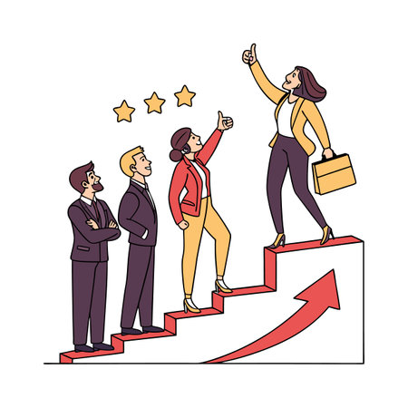 Business team climbing staircase symbolizing success with positive feedbackのイラスト素材