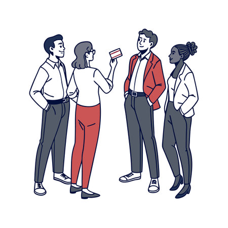 Diverse team sharing a business card during conversationのイラスト素材