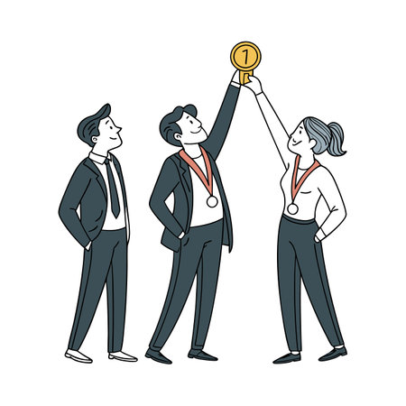 Teamwork achievement: business colleagues celebrating success with gold medalのイラスト素材