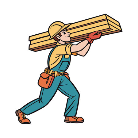 Employee Actively Using Wood Planks in Constructionのイラスト素材