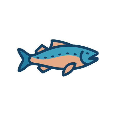 Stylized Blue Salmon Illustration with Dark Outlines on Black