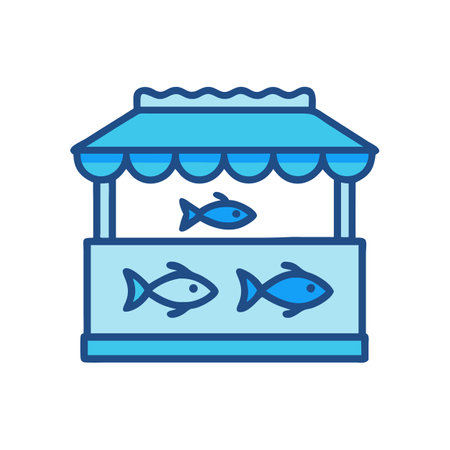 Cute fish market stall with light blue colorsのイラスト素材