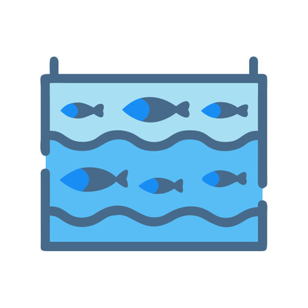 Stylized aquarium with swimming fishes and wavy waterのイラスト素材