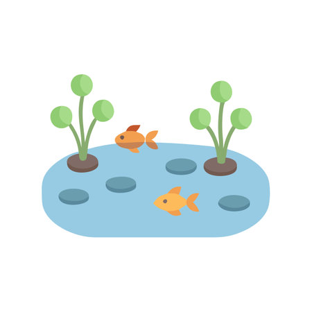 Two goldfish swimming in a cartoon pond sceneのイラスト素材