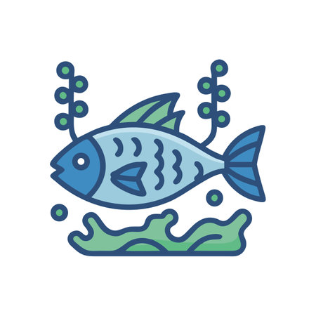 Cartoon fish swimming in a seaweed environmentのイラスト素材