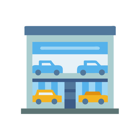 Stylized Car Dealership Building with Displayed Vehiclesのイラスト素材
