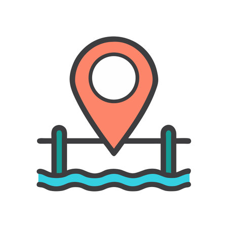 Stylized map pin icon hovering over bridge and waterのイラスト素材