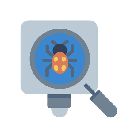 Magnifying glass inspecting bug icon against a dark backgroundのイラスト素材