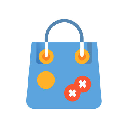 Stylized blue shopping bag with colorful circle design elementsのイラスト素材