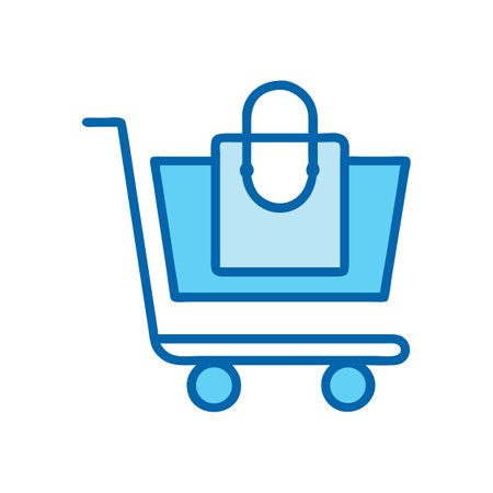 Blue outline shopping cart with bag flat designのイラスト素材