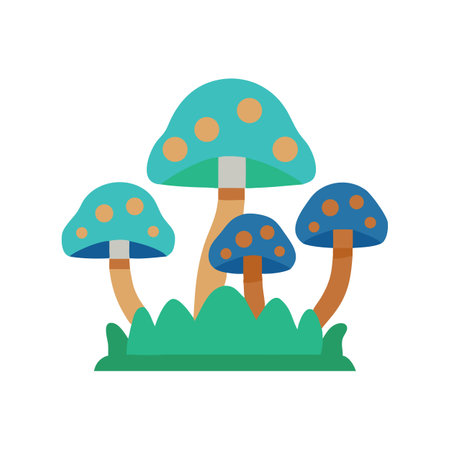 Cartoon mushrooms on a grassy patch against black backgroundのイラスト素材