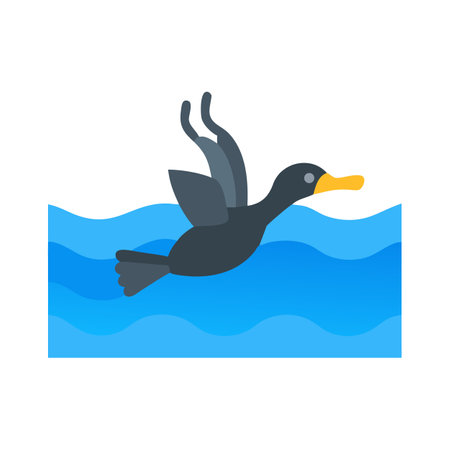 Duck flying over the wavy water in a flat styleのイラスト素材
