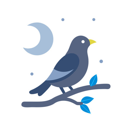 Stylized bird under moonlight on a branch at nightのイラスト素材