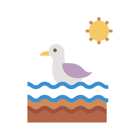 Stylized seagull swimming in water under a yellow sunのイラスト素材