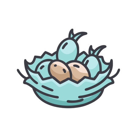 Stylized nest with eggs, vibrant colors, cheerful cartoonのイラスト素材