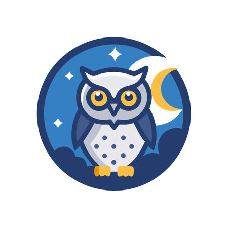 Stylized Owl Illustration Featuring Crescent Moon and Starsのイラスト素材
