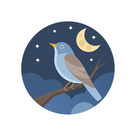 Blue bird on branch at night, crescent moon backgroundのイラスト素材