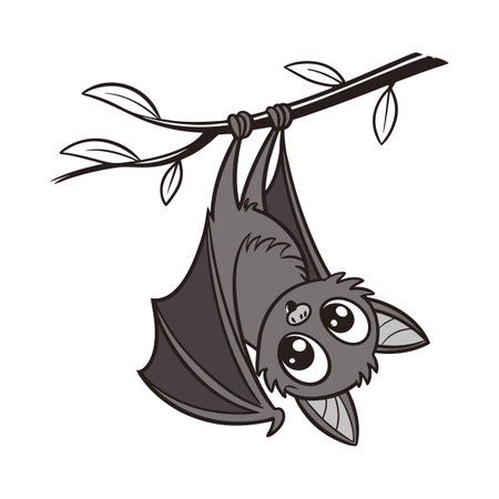 Cute bat hanging upside down from tree branch artworkのイラスト素材