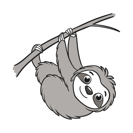 Cartoon Sloth Hanging on Branch Vector Illustration Graphicのイラスト素材