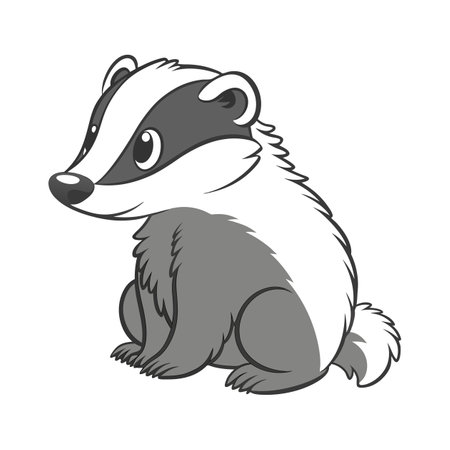 Cartoon badger sitting, gray scale illustration on white backdropのイラスト素材