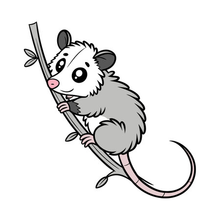 Cartoon opossum clinging to tree branch cute wildlife illustrationのイラスト素材