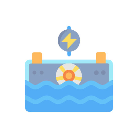 Hydroelectric dam graphic with water and floating power sourceのイラスト素材