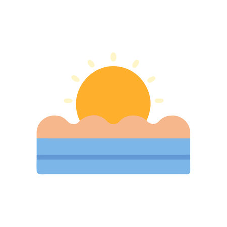Stylized sun rising over ocean horizon flat vector designのイラスト素材