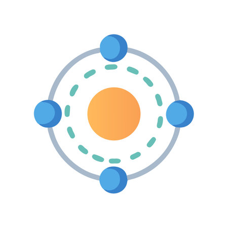 Abstract atom with orbiting spheres against a dark backdropのイラスト素材