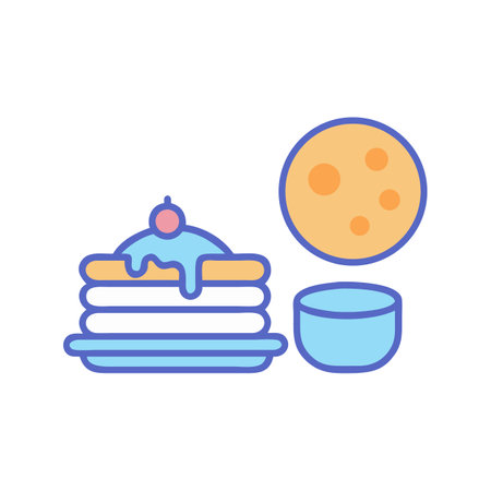 Stylized pancake stack with syrup, fruit and other objectsのイラスト素材