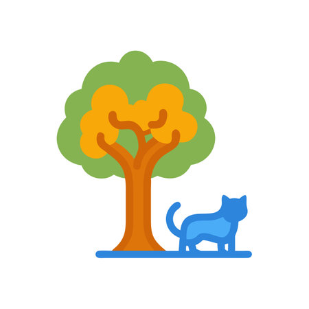 Stylized blue cat under tree on black background flatのイラスト素材