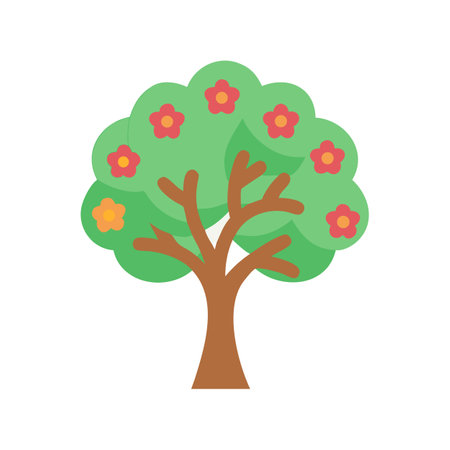 Cartoon-style flowering tree on a black backgroundのイラスト素材