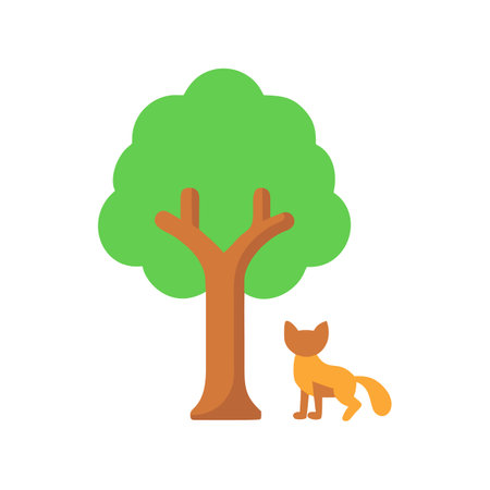 Fox near tree illustration on a black background sceneのイラスト素材