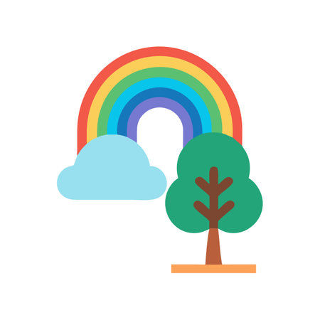 Rainbow, cloud and tree illustration on black backgroundのイラスト素材