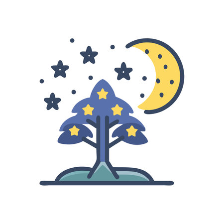 Stylized night scene with moon tree and starsのイラスト素材