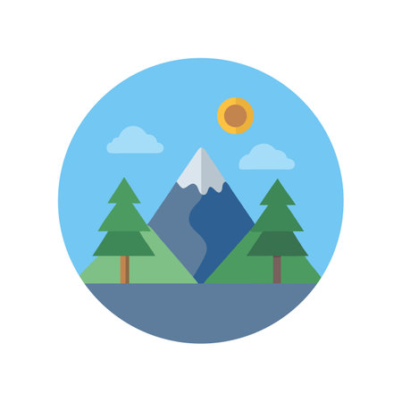 Flat design mountain landscape with trees and sunのイラスト素材