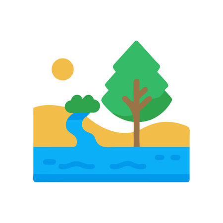 Flat style landscape with water, tree, and sunのイラスト素材