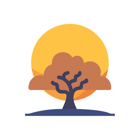 Flat illustration of tree against yellow moon backdropのイラスト素材