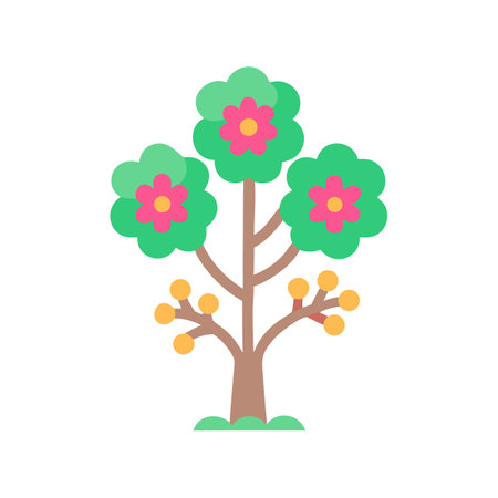 Stylized flowering tree with fruit, cartoon illustrationのイラスト素材
