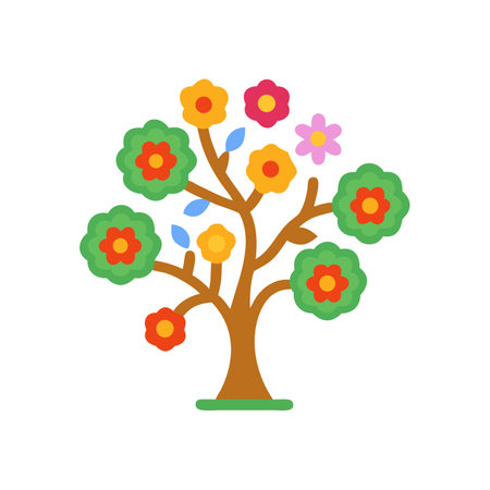 Colorful spring tree illustration with flowers against blackのイラスト素材