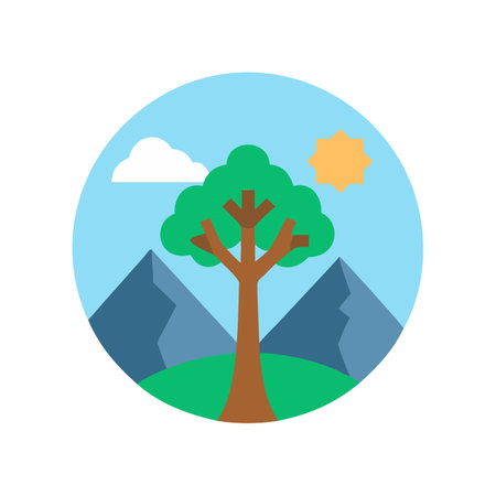 Flat stylized nature scene with tree and mountainsのイラスト素材