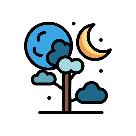 Stylized moonlit nightscape featuring a tree and cloudsのイラスト素材