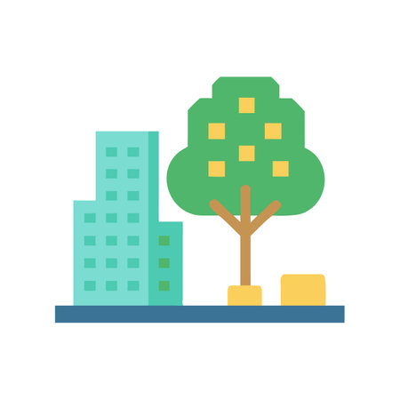 Graphic of urban landscape featuring building and treeのイラスト素材